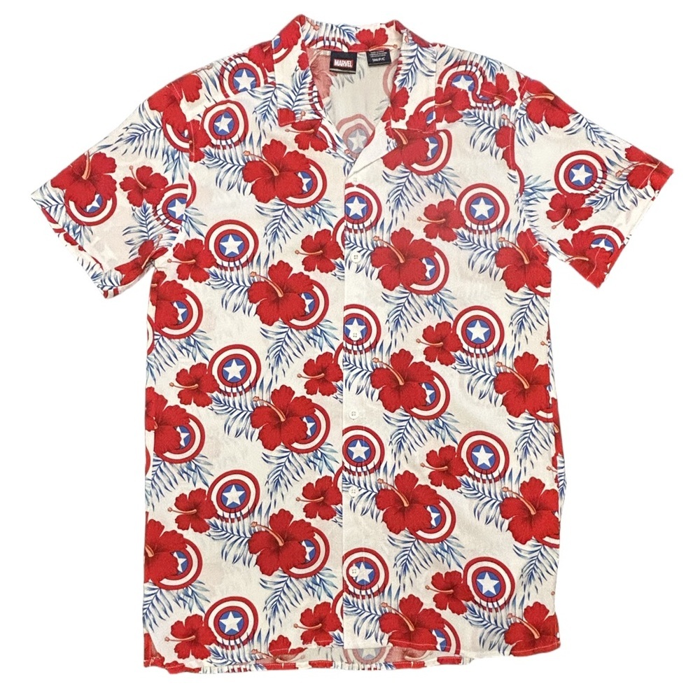 Men’s Marvel Captain America Hawaiian shield & hibiscus geek tropical shirt S